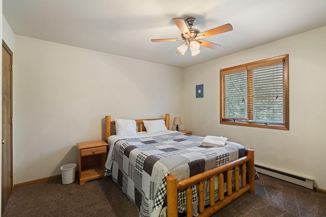 bedroom featuring a baseboard radiator, carpet, ceiling fan, and baseboards