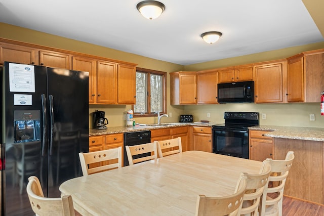 kitchen featuring light stone counters, a sink, black appliances, and wood finished floors