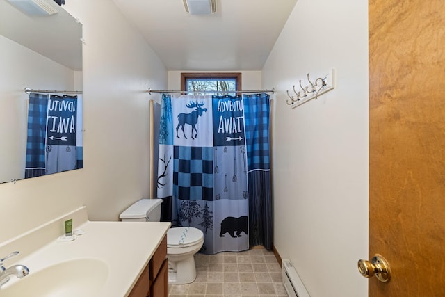 full bath featuring toilet, curtained shower, a baseboard heating unit, and vanity