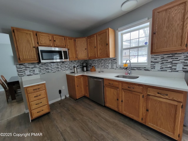 kitchen featuring sink, backsplash, dark wood-type flooring, and appliances with stainless steel finishes