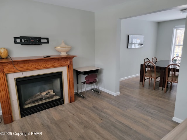 living room featuring hardwood / wood-style floors and a tile fireplace