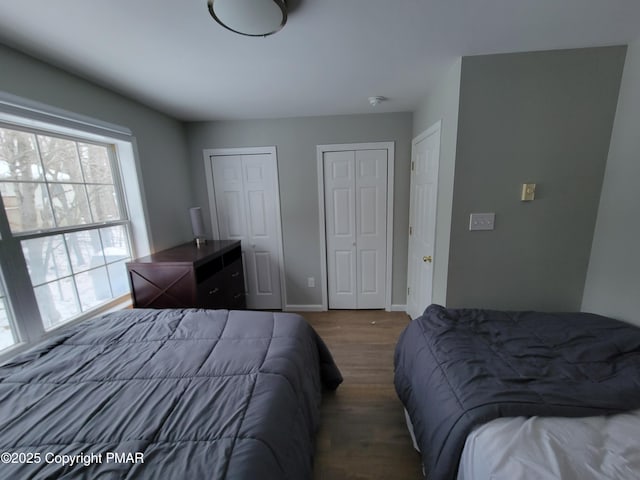 bedroom featuring multiple closets and wood-type flooring