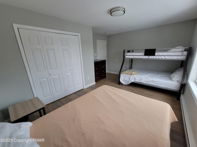 bedroom featuring dark wood-type flooring and a closet