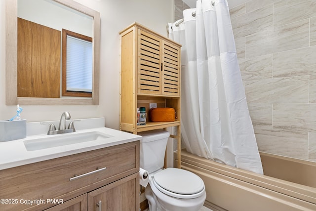 full bathroom with toilet, shower / bath combo, and vanity