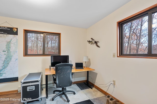 office with baseboards, baseboard heating, and wood finished floors