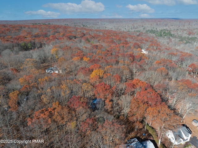 drone / aerial view featuring a wooded view