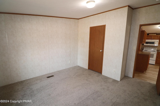 spare room featuring light colored carpet, crown molding, and visible vents