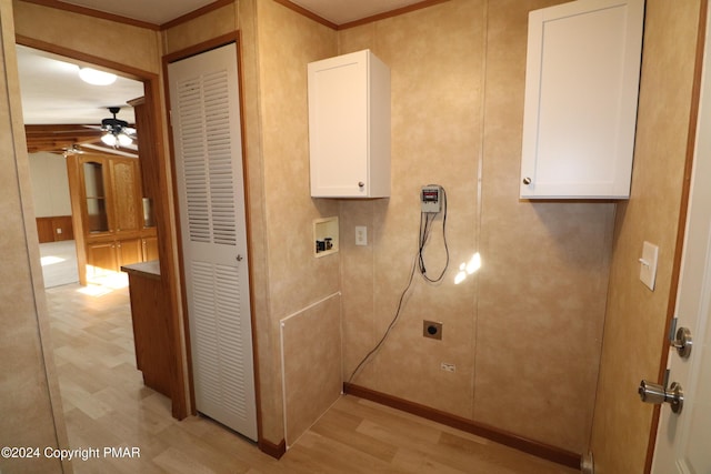 clothes washing area with cabinet space, ceiling fan, hookup for a washing machine, light wood-type flooring, and electric dryer hookup