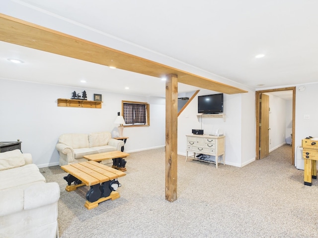 living area with carpet floors, recessed lighting, and baseboards