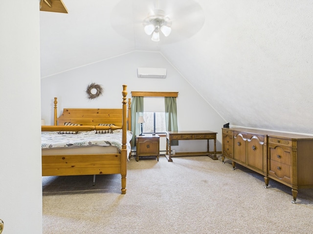 bedroom with a wall unit AC, carpet, vaulted ceiling, and a baseboard radiator