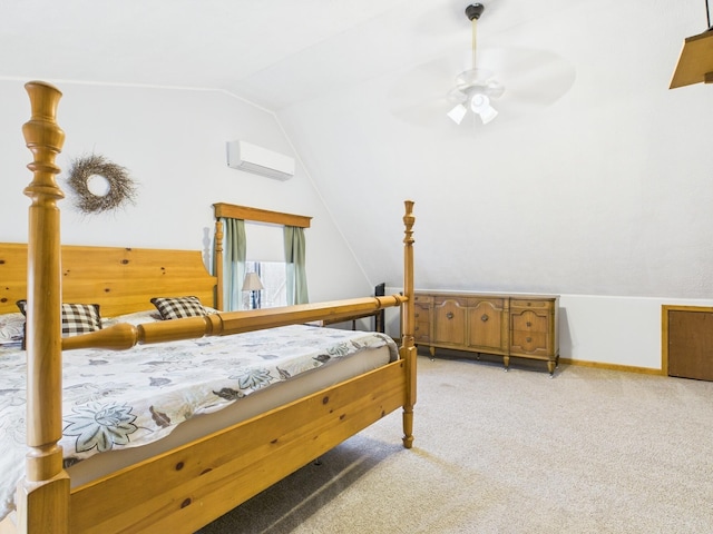 bedroom featuring lofted ceiling, a wall mounted AC, a ceiling fan, light carpet, and baseboards