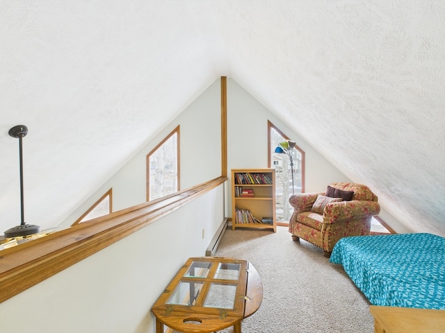 carpeted bedroom featuring vaulted ceiling and a baseboard radiator