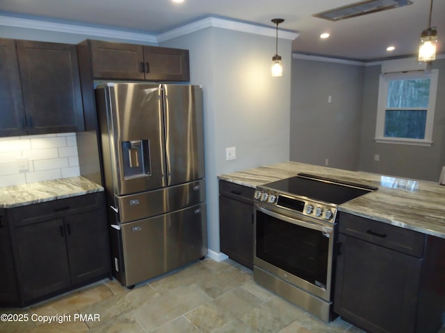 kitchen featuring pendant lighting, dark brown cabinets, stainless steel appliances, and tasteful backsplash