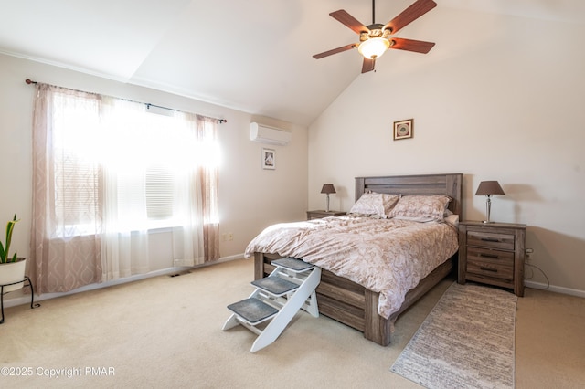 carpeted bedroom with ceiling fan, an AC wall unit, and lofted ceiling