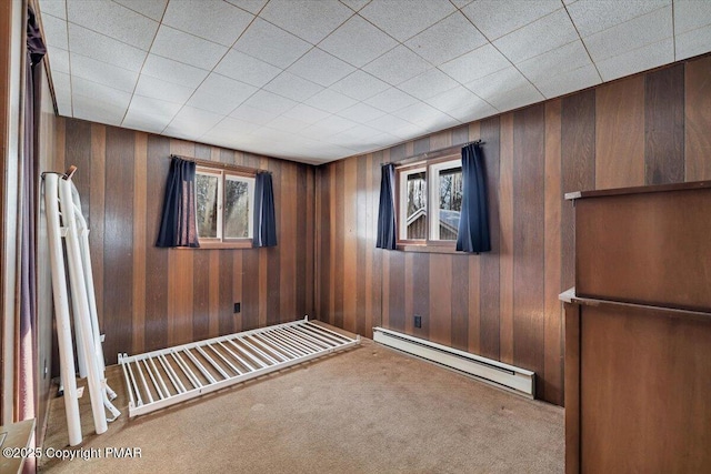 unfurnished room featuring wood walls, baseboard heating, carpet flooring, and a healthy amount of sunlight