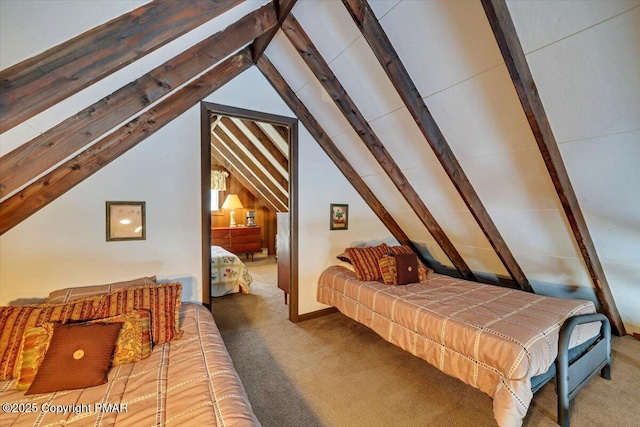 carpeted bedroom featuring vaulted ceiling with beams