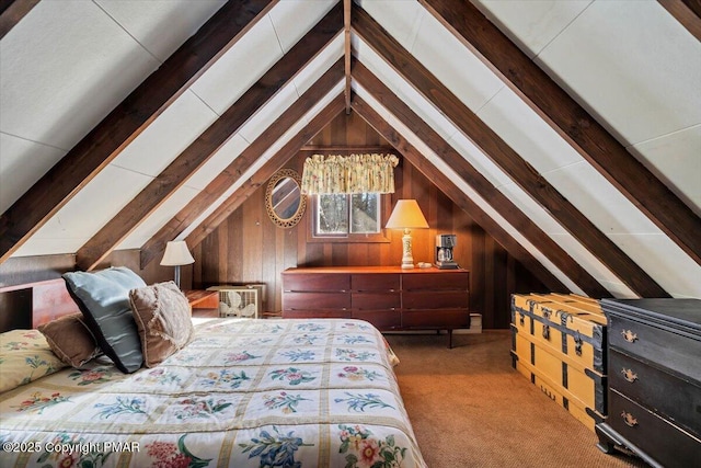 carpeted bedroom featuring wood walls and lofted ceiling with beams