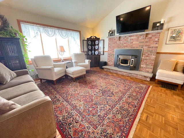 25 Cobblewood Dr, Mount Pocono, PA 18344 - living room with vaulted ceiling and a fireplace