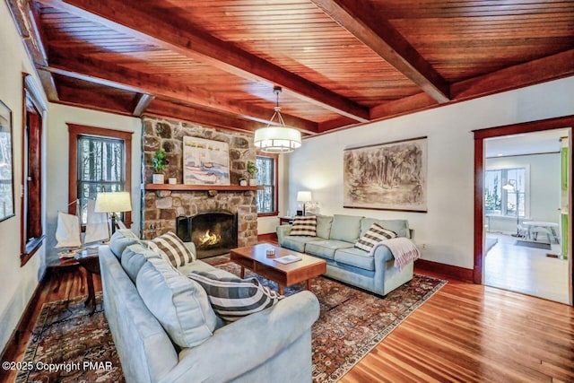 living room with wooden ceiling, a fireplace, wood finished floors, baseboards, and beamed ceiling