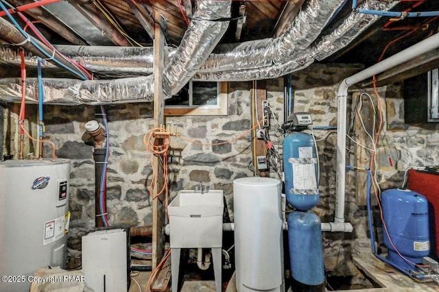 utility room with a sink and electric water heater