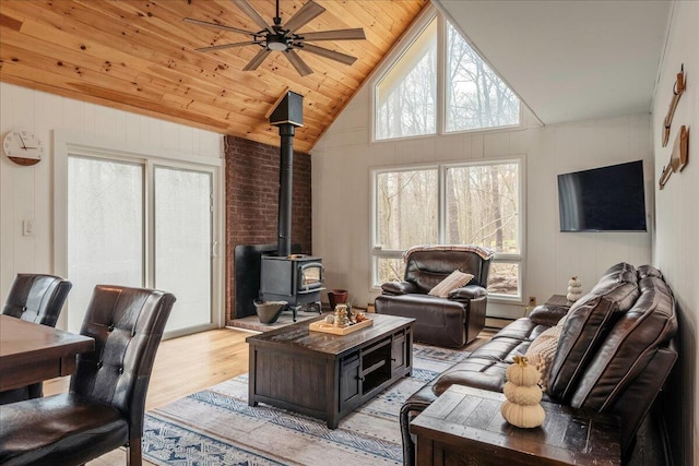62 Locust Ln, Gouldsboro, PA 18424 - living room with high vaulted ceiling, wood ceiling, a ceiling fan, a wood stove, and light wood-style flooring