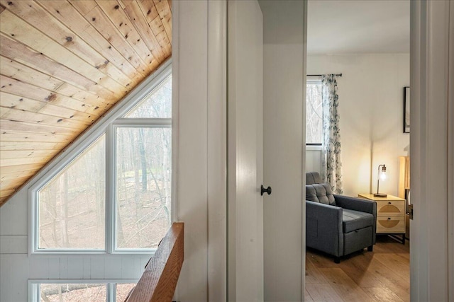 62 Locust Ln, Gouldsboro, PA 18424 - hall with lofted ceiling, wooden ceiling, and light wood finished floors
