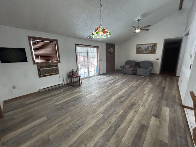 unfurnished living room with wood finished floors, a ceiling fan, lofted ceiling, a wall mounted air conditioner, and baseboard heating