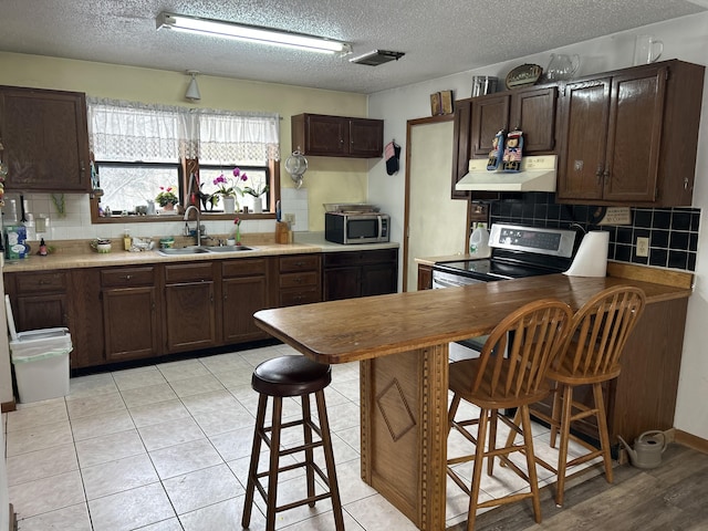 kitchen featuring under cabinet range hood, dark brown cabinets, stainless steel appliances, and a sink