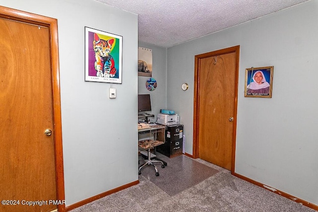 office space with baseboards, a textured ceiling, and carpet