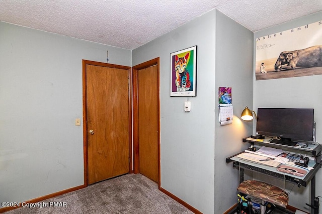 interior space with baseboards, carpet floors, and a textured ceiling