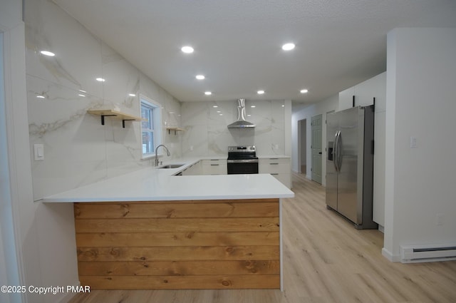 kitchen with white cabinets, a peninsula, stainless steel appliances, light countertops, and a baseboard heating unit