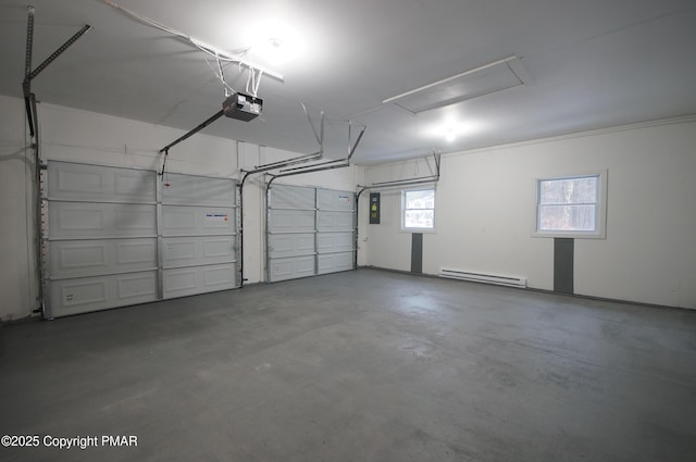 garage with a baseboard heating unit and a garage door opener