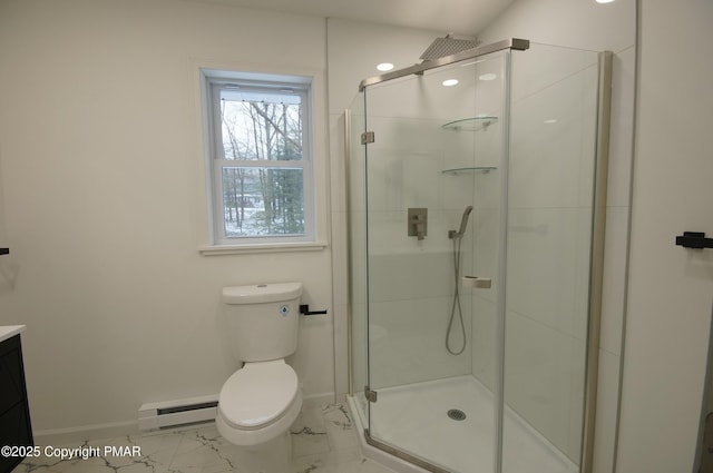 full bath featuring marble finish floor, a baseboard radiator, vanity, and a stall shower