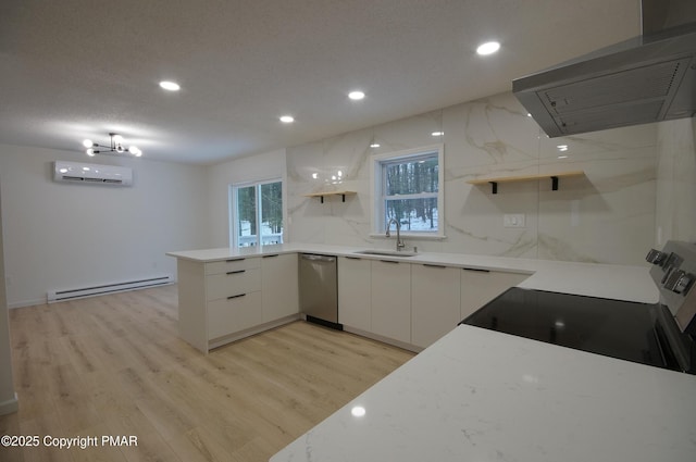 kitchen featuring island range hood, white cabinetry, appliances with stainless steel finishes, open shelves, and modern cabinets