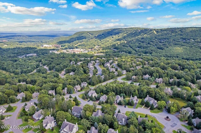 birds eye view of property with a residential view and a wooded view