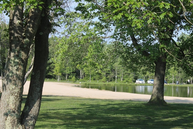 surrounding community with a lawn and a water view