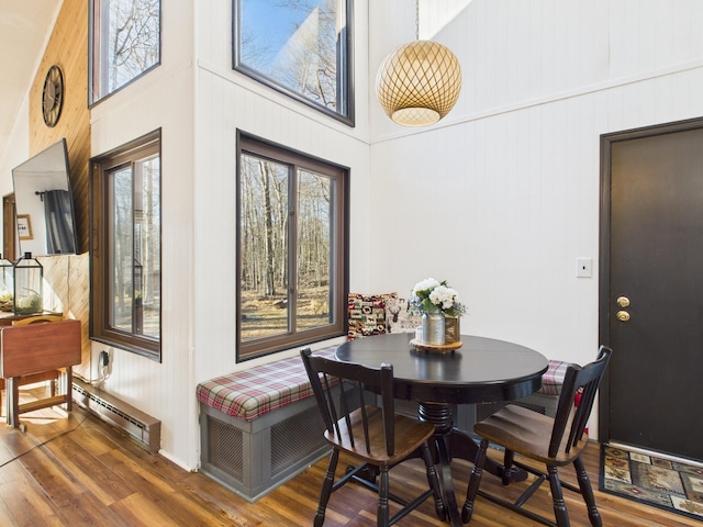 dining room with a baseboard radiator and wood finished floors