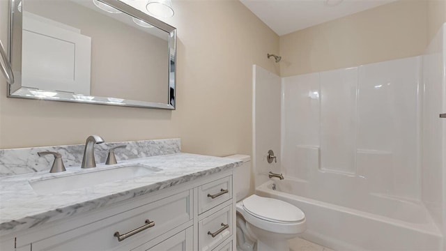 full bath with toilet, vanity, and bathing tub / shower combination