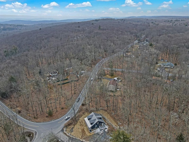 birds eye view of property featuring a forest view and a mountain view