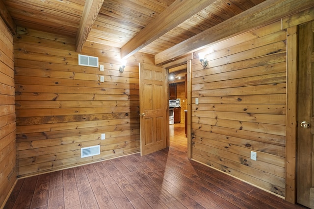 65 Poho Cir, Lehighton, PA 18235 - empty room with a wood ceiling with exposed beams, dark wood-style flooring, and wooden walls