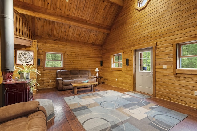 65 Poho Cir, Lehighton, PA 18235 - living area featuring hardwood / wood-style flooring, wood walls, a wooden ceiling with exposed beams, and high vaulted ceiling