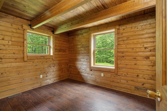 65 Poho Cir, Lehighton, PA 18235 - unfurnished room featuring a wooden ceiling with exposed beams, plenty of natural light, dark wood-style flooring, and wooden walls