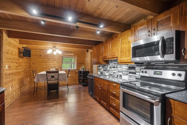 65 Poho Cir, Lehighton, PA 18235 - kitchen featuring appliances with stainless steel finishes, a wood ceiling with exposed beams, backsplash, hardwood / wood-style floors, and brown cabinetry