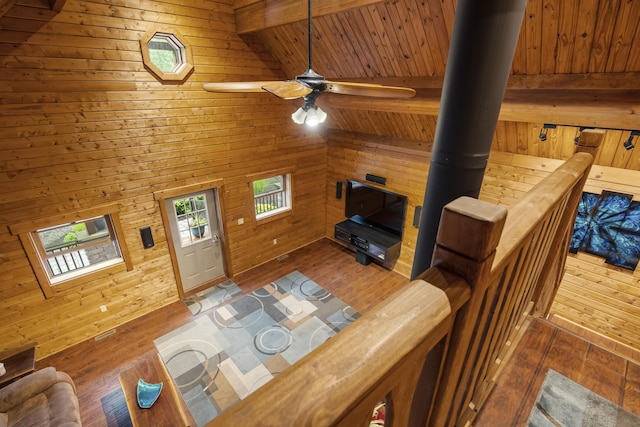 65 Poho Cir, Lehighton, PA 18235 - living room with wood walls, wooden ceiling, ceiling fan, and wood finished floors