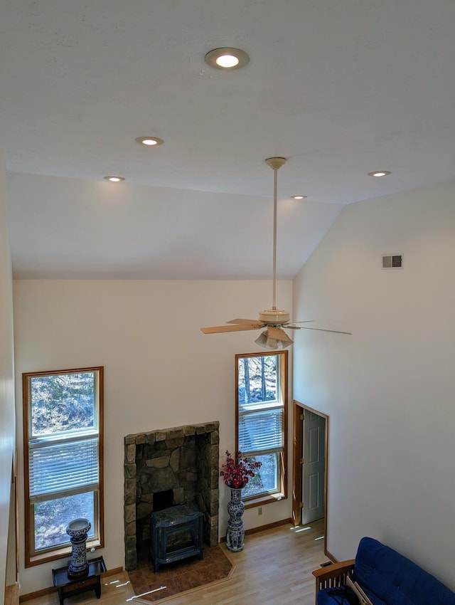 42 Wildflower Cir, Gouldsboro, PA 18424 - living area featuring wood finished floors, vaulted ceiling, ceiling fan, and recessed lighting