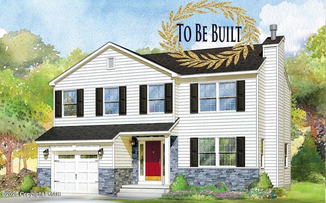 view of front of house featuring a garage, stone siding, and a chimney