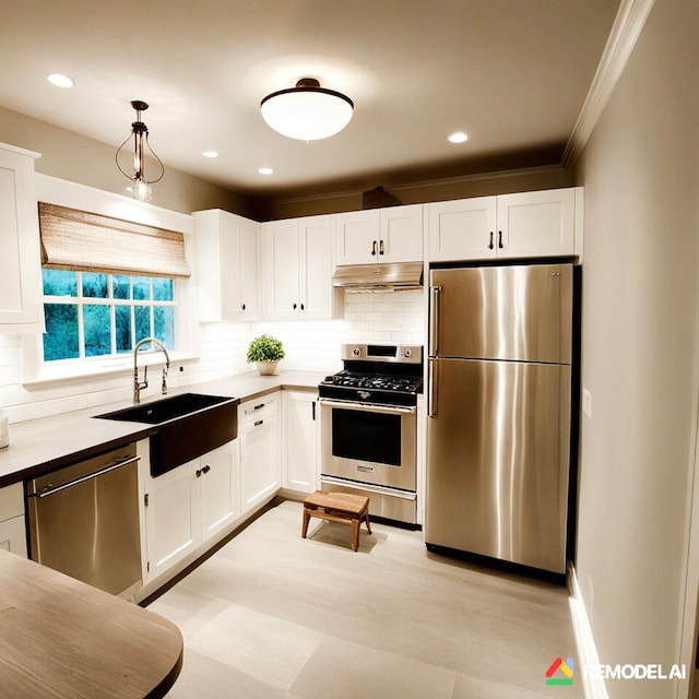 1119 Porter Dr, Bushkill, PA 18324 - kitchen featuring appliances with stainless steel finishes, under cabinet range hood, white cabinets, backsplash, and ornamental molding