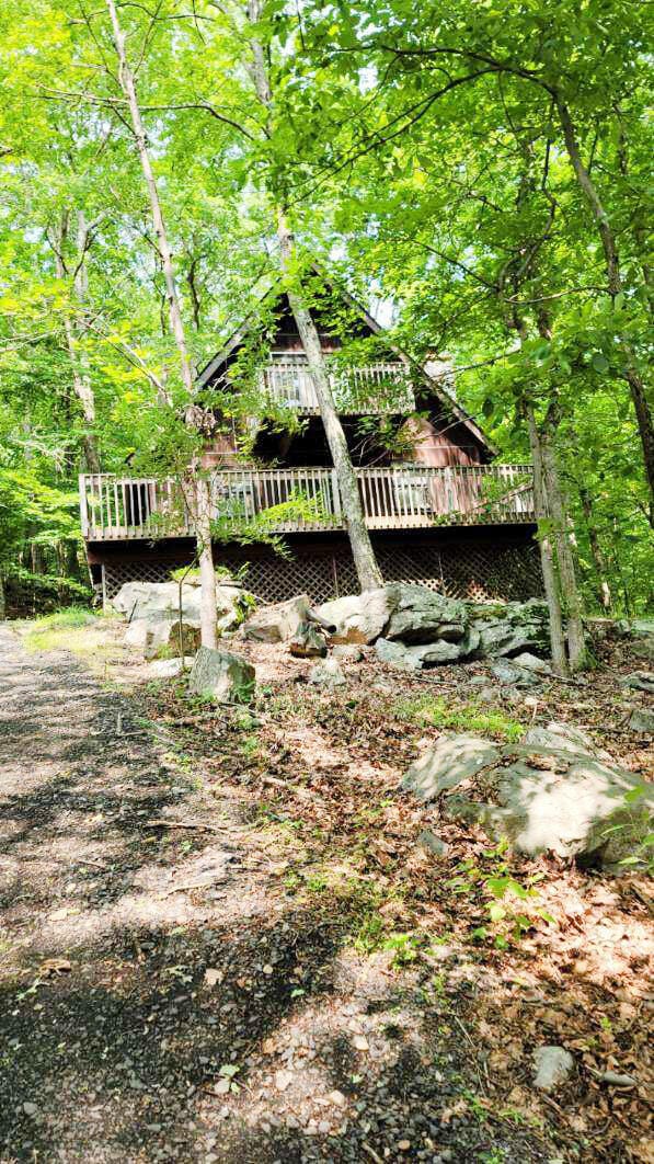 1119 Porter Dr, Bushkill, PA 18324 - view of yard with a wooden deck and a view of trees