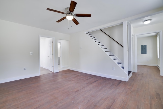 6 St Marys Ave, Branchdale, PA 17923 - spare room featuring stairs, ceiling fan, electric panel, wood finished floors, and baseboards