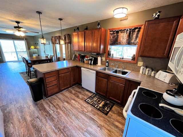 kitchen with ceiling fan, a sink, dishwasher, a peninsula, and wood finished floors